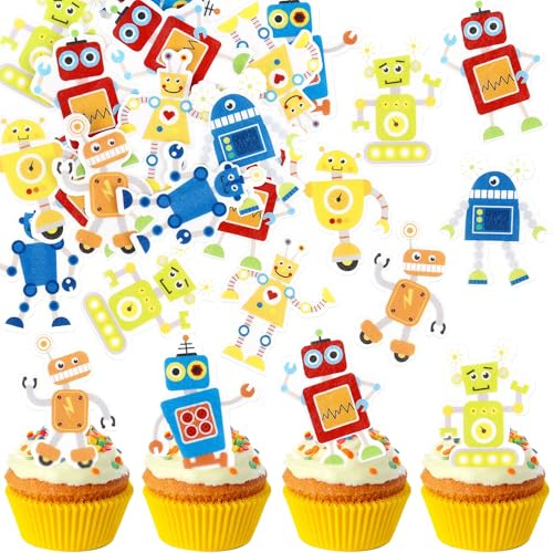 Blumomon 48 Stück Vorgeschnitten Essbare Roboter Kuchen Top Alles Gute zum Geburtstag Kuchen Dekoration für Baby Dusche Kinder Geburtstag Party Dekoration Supplies