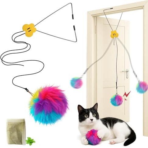 Jouet Interactif pour Chat à Porte Suspendue, Jouet Chat Intérieur Autoamusement avec Balle en Peluche Colorée et Clochette, Hauteur Réglable Accessoire Anti-Ennui pour Chats Exercice Divertissement