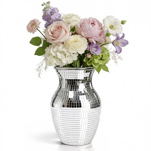 Vase aus Spiegelmosaik im Discokugel-Stil, Glas 20 cm für Tischdekoration und Wohnraum, Silber