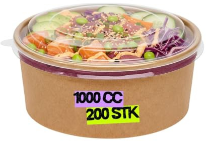 Inoverse Salatschalen mit Deckel 1000 ml 200 Stück, Salatbox to Go | Rund Einwegschalen, Salad Bowl Pappe, Braun, für Salate, Suppen und Mahlzeiten, für Arbeit, Feiern, Gastronomie und unterwegs