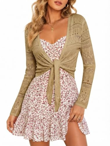 YUURQTY Boléro pour femme - Cardigan léger - Manches 3/4 - Cravate à l'avant - Court - Crochet - Veste boléro festive pour robe