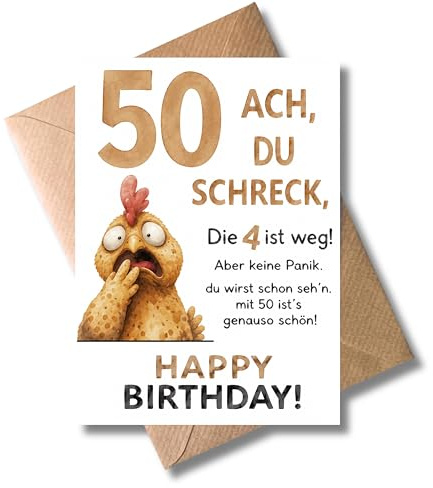 WBdesignz humorvolle Geburtstagskarte 50 Jahre mit Umschlag - Lustige Karte zum 50. Geburtstag - Ach du Schreck die 4 ist weg - Witziges Huhn und Spruch - Für Freunde & Familie (DIN A6)