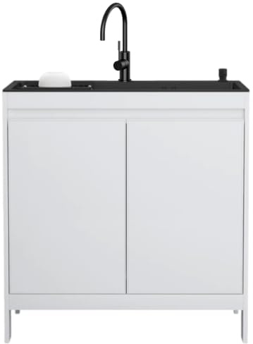 Mobile Lavatoio Lavanderia in Alluminio a Nido d'Ape con Lavello Multifunzione in Acciaio Inox Nero, Lavatoio da Appoggio con Rubinetto e Scarico per Lavanderia e Garage