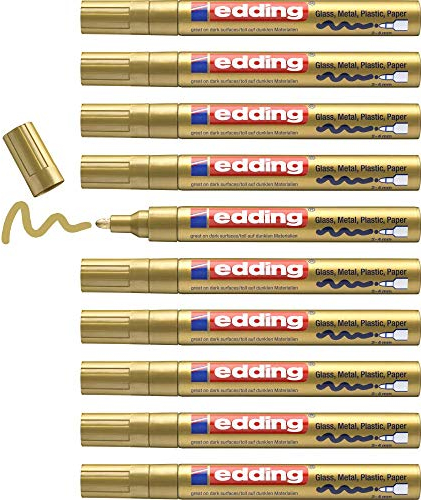 edding 750 gloss paint marker - gold - 10 paint markers - round tip 2-4 mm - paint pen for glass, pebbles, wood, plastic, paper - waterproof, high coverage