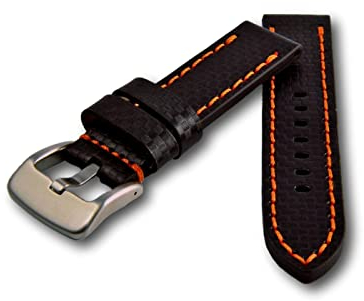 Uhren Pevak® Leder Uhrenarmband Carbon Optik Schwarz mit Orangene Naht 22mm Uhr Armband Uhrband Ersatzband