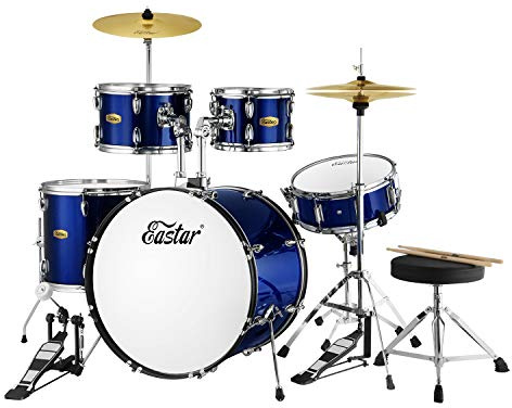 Drum Set Eastar 22 inch for Adults, 5 Piece Full Size Drum Kit Junior Beginner with Pedal Cymbals Stands Stool and Sticks, Metallic Blue