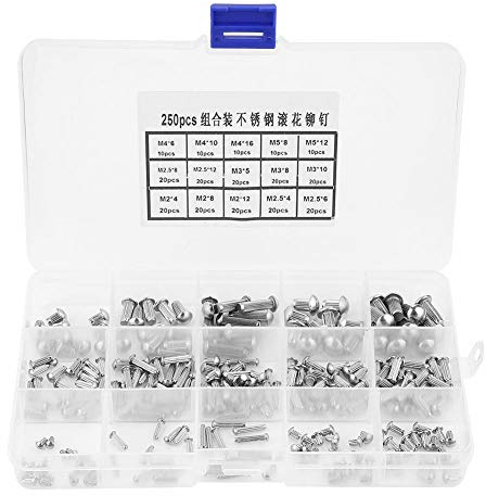 Broco 250pcs M2-M5 Feste Nieten Kit,Edelstahl Rundkopf Knurled Schaft Vollnieten Sortiment Set