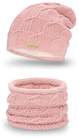 Mikos Wurm Winter Kombi Set aus Winter Schal und passender Strickmütze/Beanie (686) (Rosa)