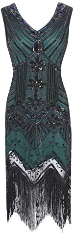 HAHAEMMA 1920s Kleid Damen Pfau Muster Flapper Charleston Kleid Gatsby Pailletten Quasten Saum Cocktail Flapper Abschlussball Kleid(GR1,XL)