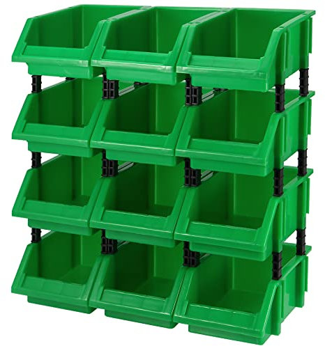 HOIGON 12 Pack Plastic Storage Bin Hanging Stacking Containers With Risers, Green Stackable Garage Organizers Storage Rack for Hardware Tools Organization, Small Parts, 7.09x4.72x3.15 Inch Each