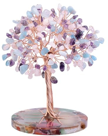 Nupuyai Bunter Baum Achatscheibe Basis Edelstein Geldbaum Kristall Deko | Feng Shui Kristallbaum, Reiki Heilstein Baum, Achat Sockel Lebensbaum Figur Bonsai, Büro Wohnzimmer Tischdeko