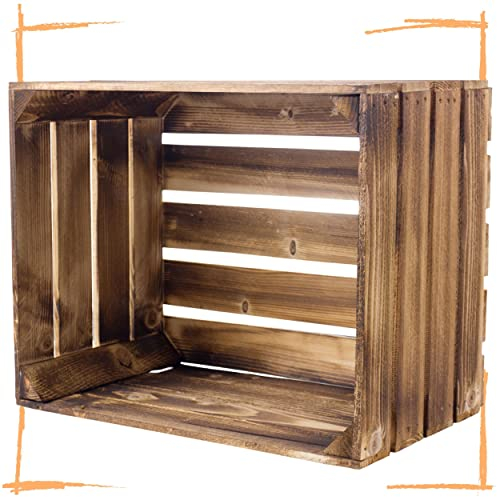 Obstkisten-Online Vintage Holzkisten im Obstkisten Apfelkisten Style Deko mit Weinkisten Geflammt/Weiß/Natur/Schwarz/Grau 50x40x30cm Schublade Regal Boden Schuhregal Zwischenboden (Geflammt)