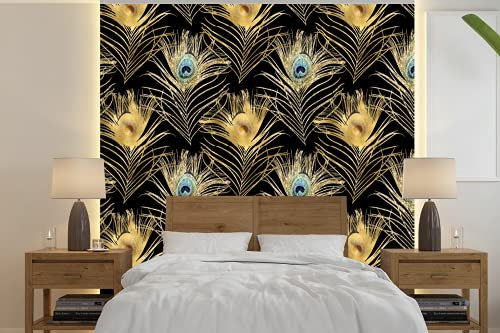 MuchoWow Papier peint Motifs - Plumes de paon - Or Papier peint photo 300x300 cm Papier peint imprimé