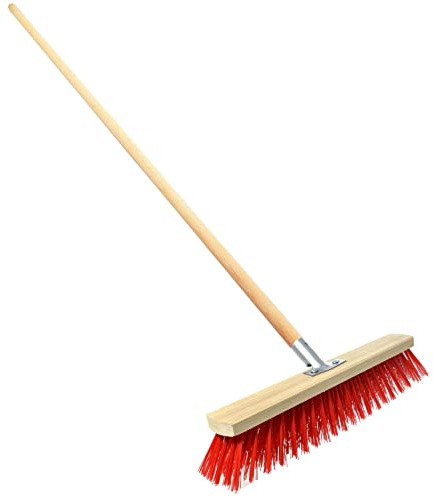 Heavy Duty Garden Broom with Handle, Outdoor for Wet & Dry Surfaces, 24″ Synthetic Hard Bristle Sweeping Brush with Metal Bracket for Cleaning Gardens, Yards, Patios, Deckings, Driveways (Red)