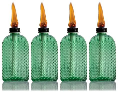 OEXEO Paquete de 4 antorchas de mesa, mechas de antorcha, luz de antorcha, antorcha de mesa, antorcha de citronela, antorcha de jardín, antorchas de patio (botella cuadrada, verde)