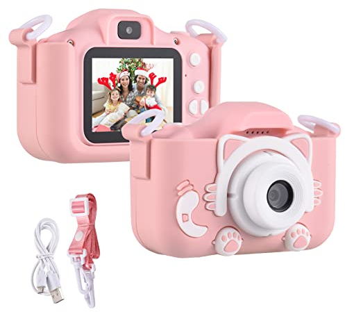 Andoer fotocamera digitale bambini 1080P 2,0 fotocamera bambini macchina fotografica con cordino da collo, regali per 3 4 5 6 8 7 9 10 11 12 anni ragazzi e ragazze, rosa gatto