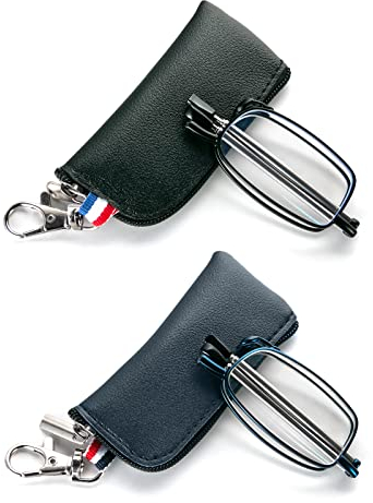 MMOWW Faltbare Lesebrille für Damen und Herren mit Teleskopstange mit Reißverschluss Schlüsselanhänger Mini Anti Blaulicht Brille (Schwarz+Blau,+2,5)