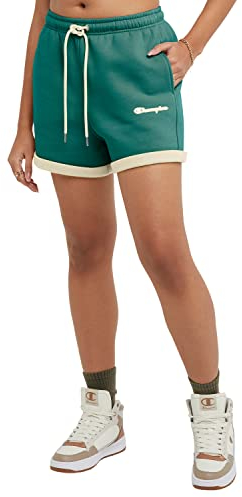 Champion Pantalones Cortos atléticos de Mezcla de algodón para Mujer, Everglade Verde/Tiza Blanco Fuente Pequeña, M