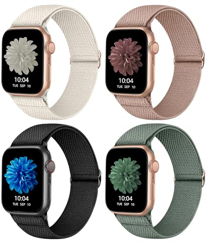 CCnutri Elastisches Nylon Loop Armband Kompatibel mit Apple Watch 38mm 40mm 41mm 42mm 44mm 45mm 46mm 49mm, Stoff Geflochten Sport Band Damen Herren für iWatch SE Serie 10 9 8 7 6 5 4 3 2 1, 4 Stück