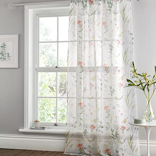Dreams & Drapes - Summer Meadow Floral Single Net Curtain for Windows - W55 x L90 (140 x 228cm) - Flowers & Birds Window Net - White Voile Curtain for Bedroom & Living Room - White Sheer Curtains