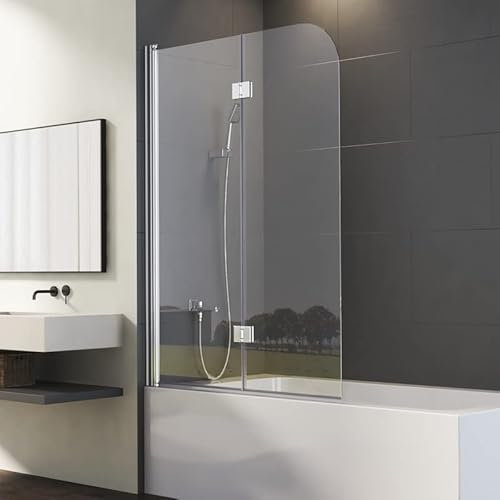 Duschwand für Badewanne 2-teilig 120x140cm Silber Doppelfaltflügeltür Duschtrennwand mit 6mm Nano Glas, Trennwand Faltbar Badewannenwand Sicherheitsglas Badewannenaufsatz Dusche