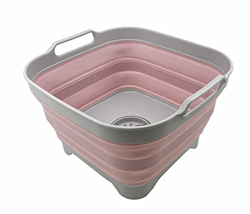 SAMMART 10L Collapsible Plastic Dishpan with Draining Plug - Portable Washing Tub/Basin - Foldable Tub - Space Saving Kitchen Storage (Grey/Pale Pink)