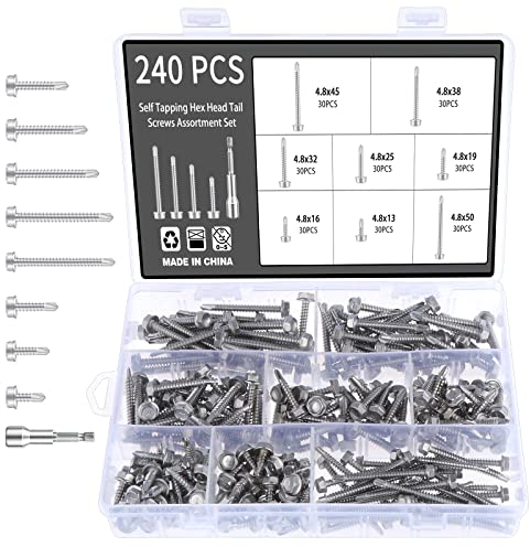 Gueenky 240 Stück Selbstschneidende Schrauben mit Sechskant, 4,8 x 13-50 mm Blechschrauben Selbstschneidend Bohrschrauben Edelstahl, 8 Größen Sechskant Selbstbohrende Schrauben mit Bohrspitze