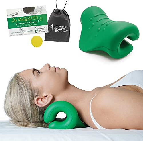 Nackenstrecker Kissen-Neck EX-Massage Gerät für Nackenschmerzen, für Hals-Rücken und Nacken Verspannungen mit extra Übungsheft von deutschen Physiotherapeuten Prävention Bewegt Manufaktur (grün)