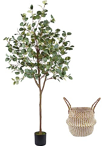 Warmplants Künstlicher Eukalyptusbaum, 1,8 m hoch, künstliche Eukalyptus-Pflanze mit Korb, grün-silberfarbene Dollar-Seidenblätter, Kunstbaum für Zuhause, Büro, Wohnzimmer, Bodendekoration