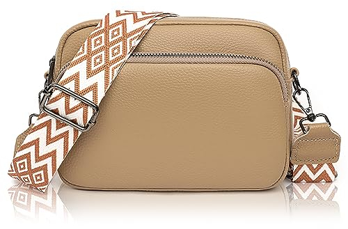 GSenhui Crossbody Bag Damen Echtes Leder Kleine Umhängetasche mit Breitem Gurt Reißverschluss und Abnehmbar Schultergurt Handytasche Zum Umhängen Frauen Schwarz