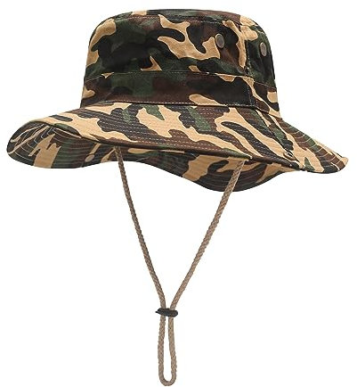 ZLYC Herren Camouflage Sonnenhut Safari Hut Mesh Outdoorhut Boonie Hut(8cm Krempe Tarnfarbe Dunkel Khaki)