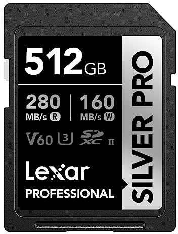 Lexar SILVER PRO Carte SD 512Go, carte mémoire SD UHS-II, V60, U3, C10, Jusqu'à 280Mo/s en lecture, 160Mo/s en écriture, carte SDXC pour DSLR/caméra/photographe/vidéaste/passionné (LSDSIPR512G-BNNAA)