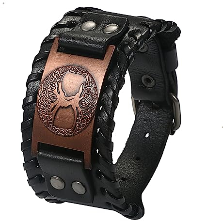 Cupimatch Herren Armband Retro Breites Metall Wikinger Armband Herren PU Leder Schwarz Armband Punk Style Armbänder Breiter Gürtel Manschette Armreif Rock Wrap für Männer Junge