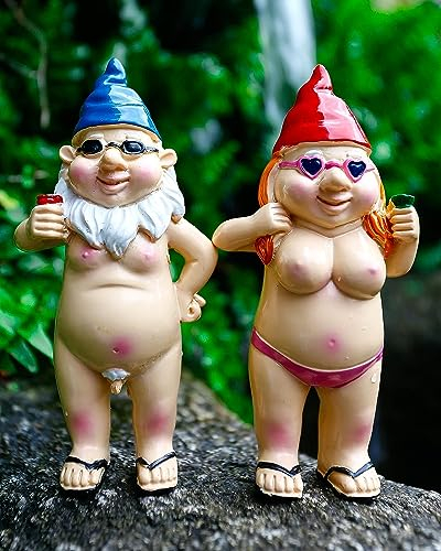 XFLYP Nain de Jardin en Résine - Décoration GNOME pour Pelouse, Intérieure ou Extérieure (Couple Nu)