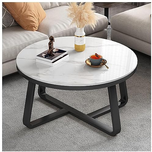 IPSU Table Basse Ronde, Table De Canapé Décorative Moderne avec Cadre en Métal Noir, Tables D'appoint en Marbre pour Salon, Appartement, Bureau, Assemblage Facile