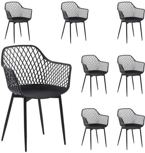 buybyroom 8er Set Esszimmerstuhl mit Armlehne Rückenlehne Metallbeine Küchenstuhl Essstühle Stuhl Sessel Kunststoffstuhl Sitzfläche für Küche, Schlafzimmer, Esszimmer, Schwarz