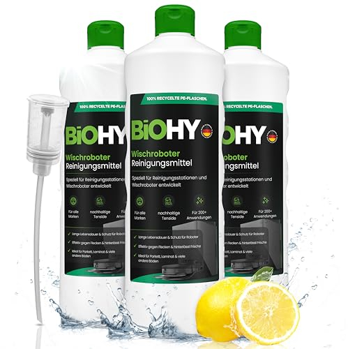 BiOHY Wischroboter Reinigungsmittel für Reinigungsstationen mit Frischeduft (3 x 1 Liter) + Dosierer | Verlängert die Lebensdauer der Absaugstation | Schaumarmes Bodenreiniger Konzentrat