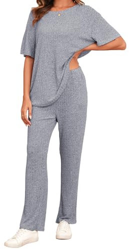 Famulily Womens Casual Knitted Oversized Tops and Wide Leg Trousers Set, Ladies Holiday 2 Piece Outfits Sets Summer Tracksuits Sleepwear Lounge Wear (XXL, Blue)