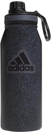 adidas Botella de agua de metal de 32 onzas, acero inoxidable 18/8 aislado de doble pared, color negro y gris, talla única