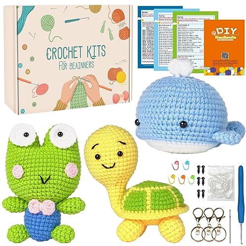 Souarts Komplett Häkelset für Anfänger Tiere, Häckeln Stricken Set mit Anleitung Häkelnadeln Garn, Kreativ Strickset Bastelset für Erwachsene Kinder Geschenk (Blau Gelb Grün)