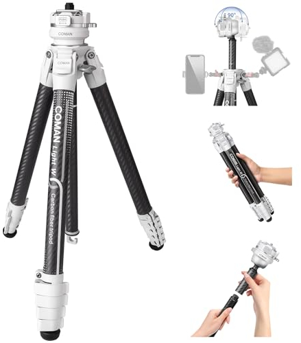 COMAN Treppiede per fotocamera in fibra di carbonio, 1,16 kg, treppiede da viaggio leggero, in alluminio compatto da 62,2 pollici, con testa a sfera a 360 gradi e piastra Arca, per uso interno ed
