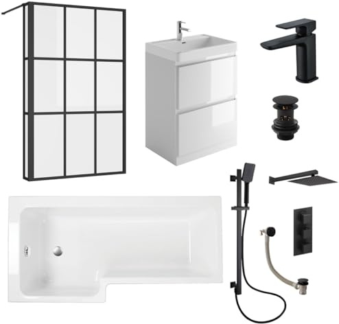 L Shaped Bathroom Suite 1700 Bath 60 Vanity Unit Rimless Toilet WC Taps & Shower - Left Hand