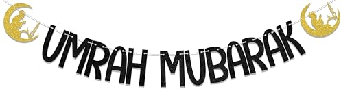 Umrah Mubarak Banner, muslimische Eid Party Dekorationen, Eid Mubarak Banner, Haji Mubarak Party Dekor, Islamisches Festival Party Dekor Supplies Schwarz Gold