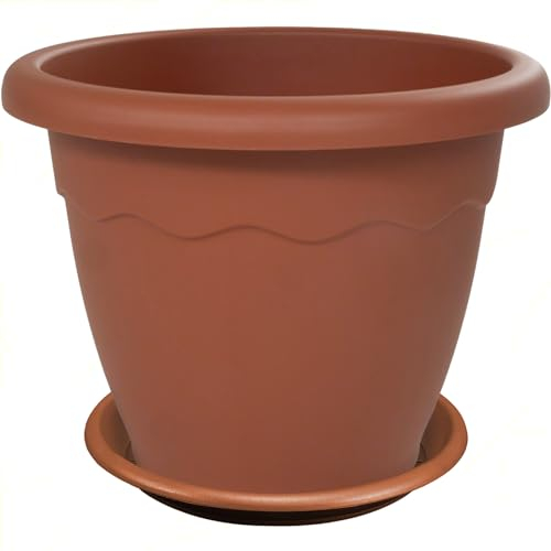 Sicignano - Pot rond pour fleurs plantes + soucoupe, plastique couleur terre cuite, avec trous de drainage, résistant aux UV - extérieur jardin balcon terrasse, fabriqué en Italie (2, Ø70 x 49 h cm)
