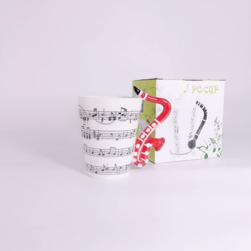 SuperglockT große Musiktasse 400ml Keramik Kaffeebecher Saxophon Henkel Porzellanbecher Musiknoten Notensystem Bedruckt Kaffeetasse Milchbecher für Büro und Zuhause (Rot)