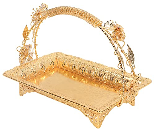 Yosoo Health Gear Vintage Style Gold Basket Serving Tray, Decorative Display Tray 11.8x8.1 inch Zinc Alloy Coffee Tea Serving Tray with Handles for Home Bar Cafe, Desktop Organiser Platter