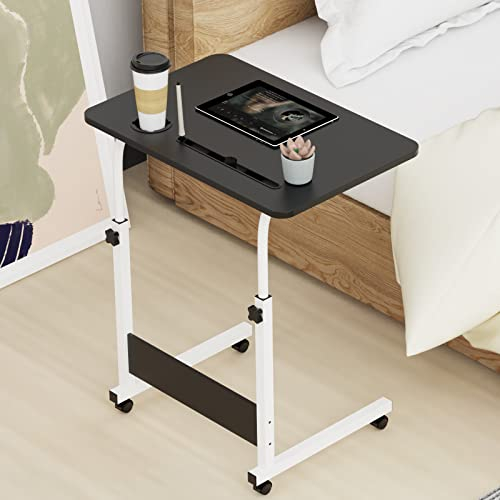 Wohenster Laptoptisch Höhenverstellbar Schreibtisch Schwarz Computertisch Mobiler Laptop Tisch mit Rollen Kartenschlitz Getränkehalter Beistelltisch Holz für Schlafzimmer Wohnzimmer 60x40cm
