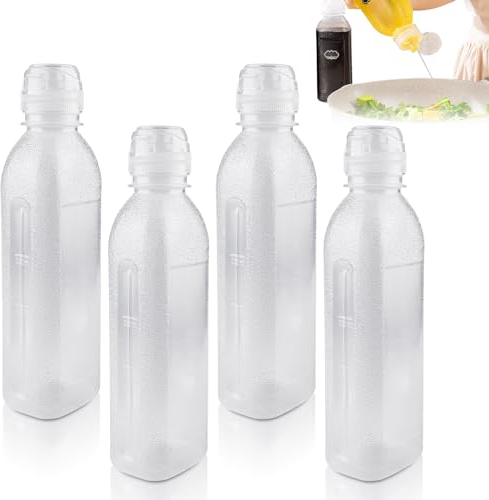 4 Stück Squeeze Flasche, 500ml Quetschflasche mit Kappen, Squeeze Condiment Flaschen, Dosierflasche Kunststoff, Leer Plastickflasche, Spritzflaschen für Ketchup, Scharfe Soße, Olivenöl, Saucenflasche