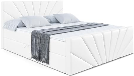 ALTDECOR Boxspringbett mit Matratze und Lattenrost, Boxbett, Topper, Fußteil, Polsterbett mit Bettkasten, Bett mit Stauraum H3-Matratze, Springboxbett - MILTIO-Z - 160x200 - Weiß Kunstleder