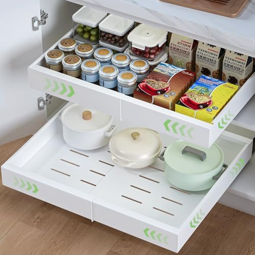 HumiLuft Pull Out Cabinet Organiser, 32-52cm Extendable Slide Out Kitchen Storage Drawer Shelf, Roll-Out Sliding Drawer Storage Shelves with Rail System for Kitchen Base Cabinet Organization (1)